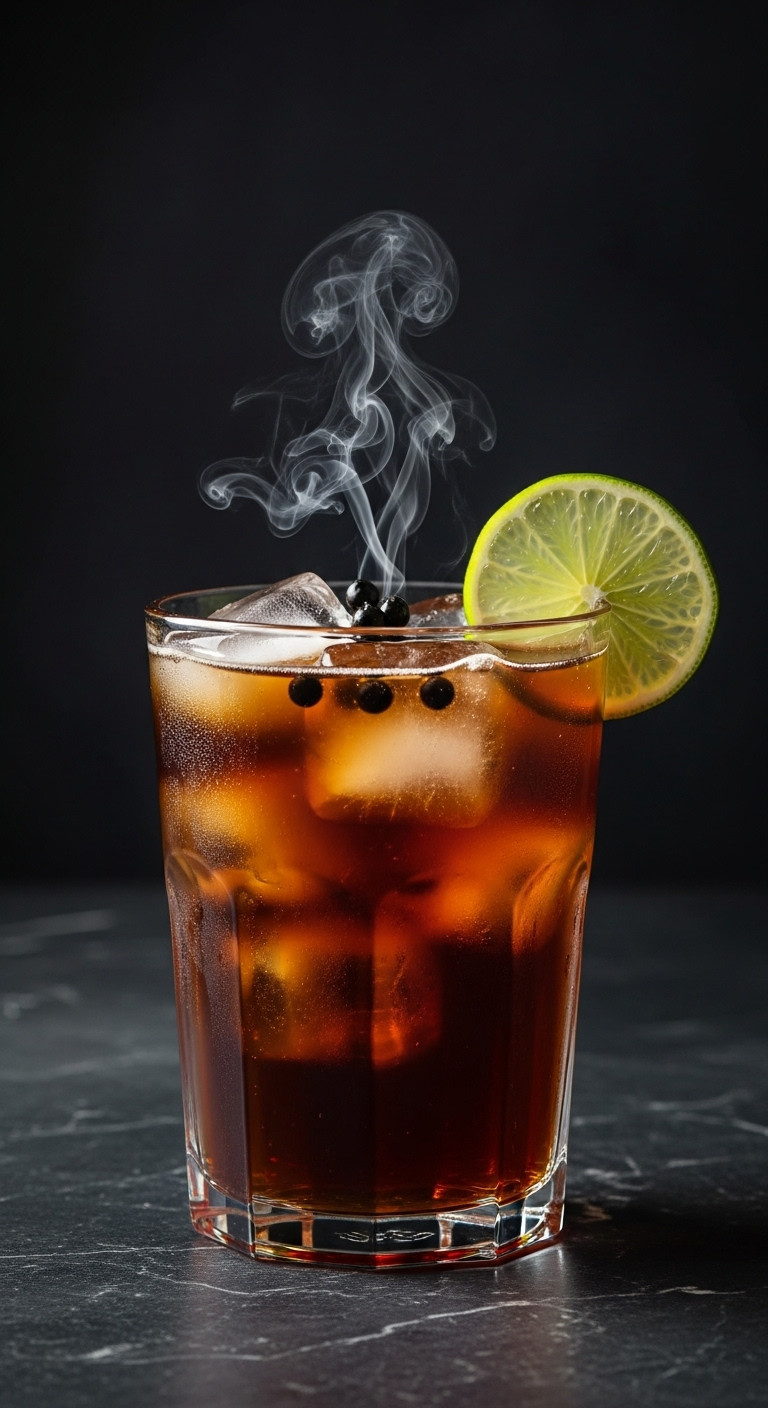 Dark Moody Midnight Mule Halloween Cocktail With Lime Garnish On Marble