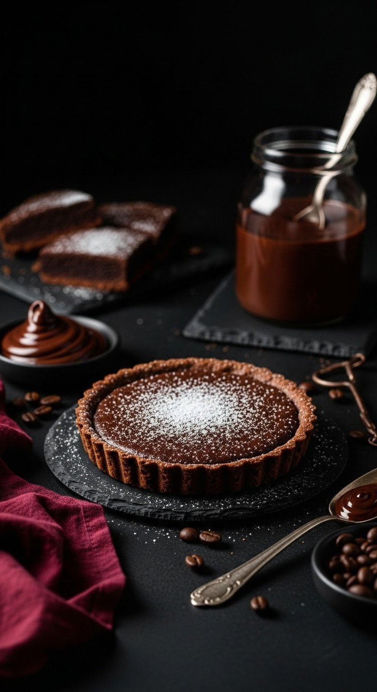 Dark, Moody Chocolate Tart Dusted With Powdered Sugar On A Slate Plate. Dramatic Lighting, Elegant Dessert Photography.