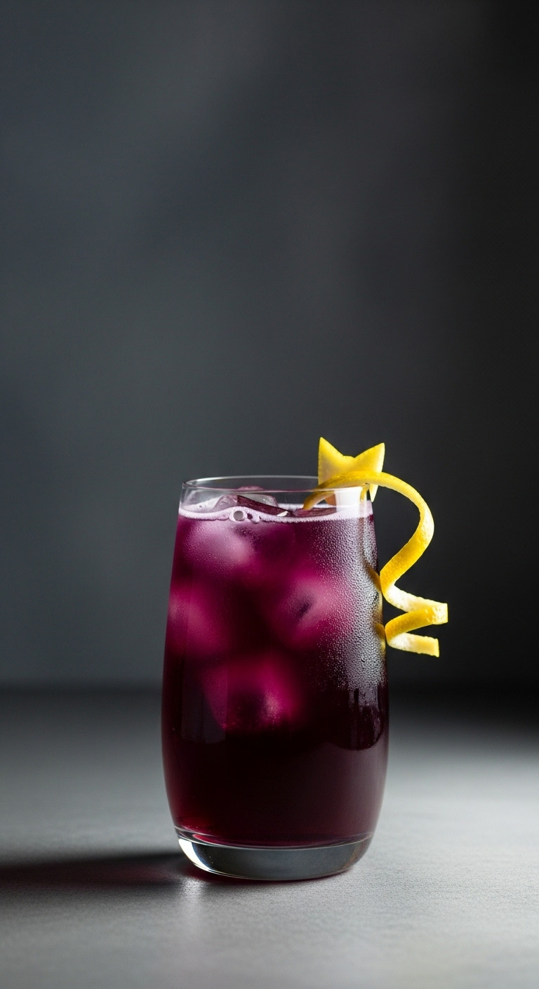 Dark Purple Black Cat Cooler Loaded Tea In A Sleek Glass With A Lemon Twist Cat Tail Garnish On A Moody Gray Wall