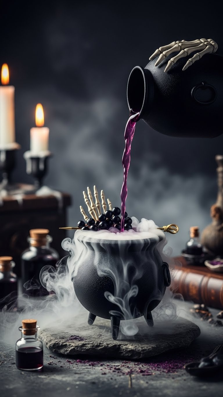 Dark Purple Smoky Cauldron Cocktail Pouring Fog From Miniature Black Cauldron With Skeletal Hand Stirrer Garnish