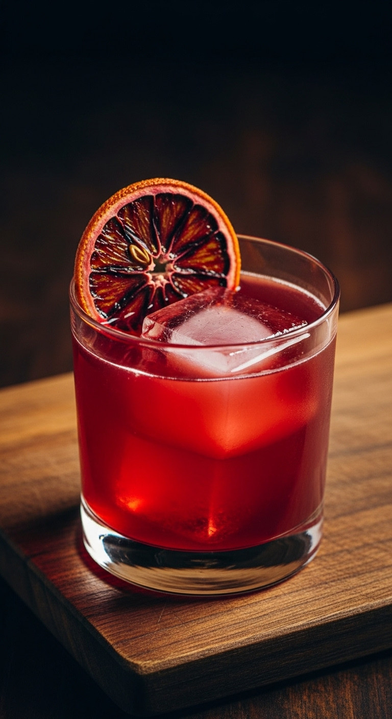 Dark Red Blood Orange Cocktail In Rocks Glass With Large Ice. Dehydrated Orange Wheel On Rustic Wood. Rich Autumnal Halloween.
