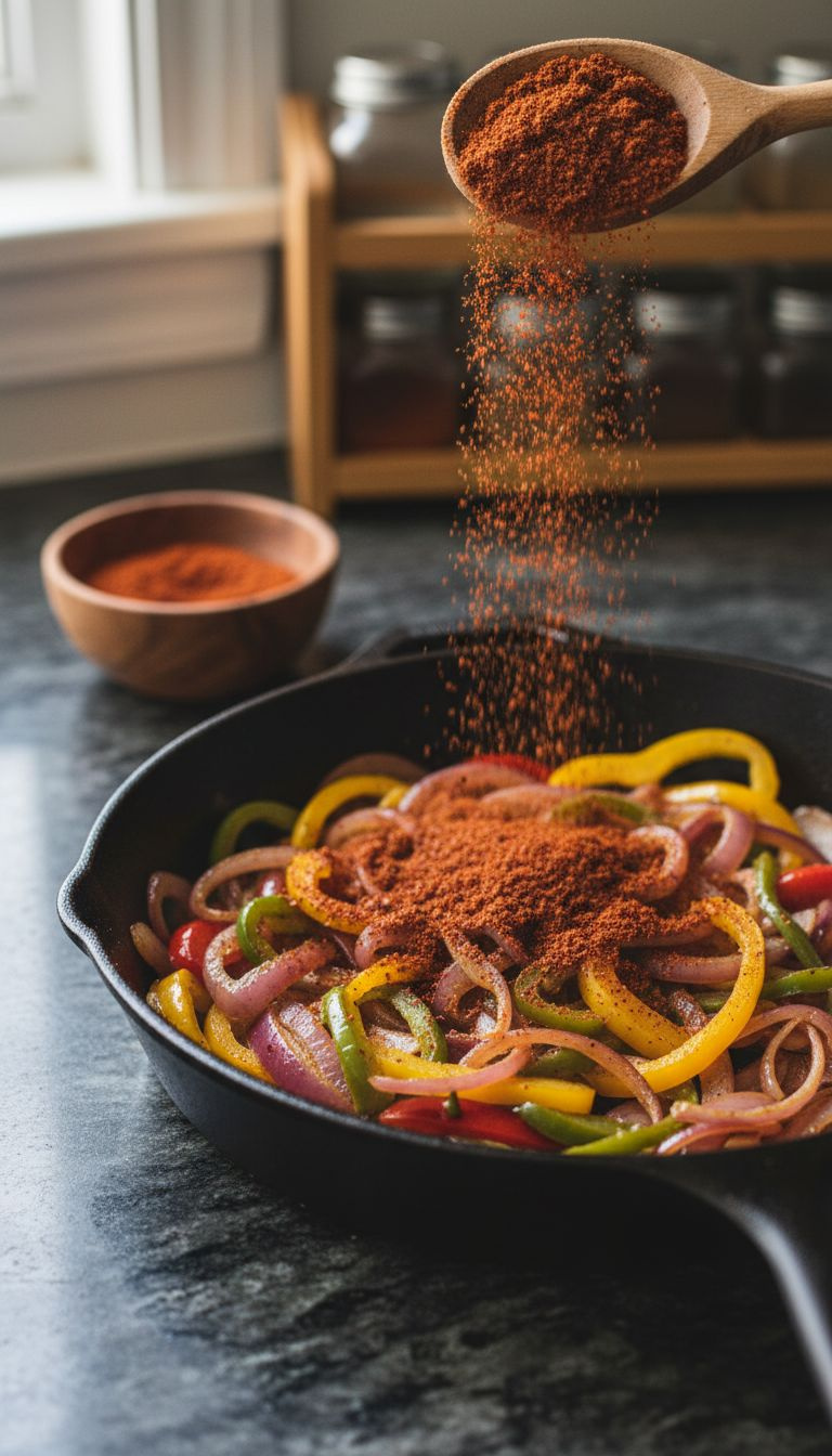 Dark Red Chili Powder, Cumin, Paprika Sprinkled Over Sautéing Onions And Peppers In A Skillet. Wooden Bowl Of Spices. Warm, Aromatic Kitchen.