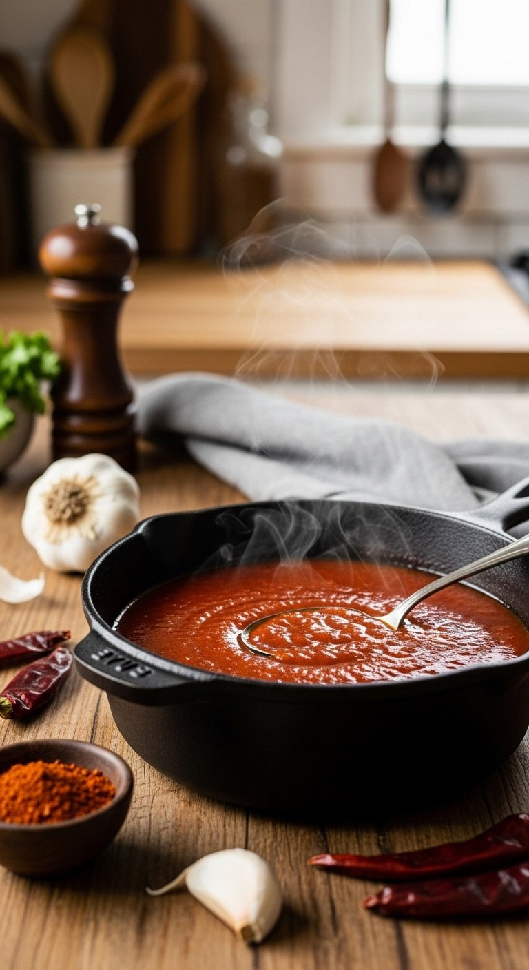 Dark Red Homemade Enchilada Sauce Simmering In A Black Cast Iron Saucepan On A Rustic Wooden Table.