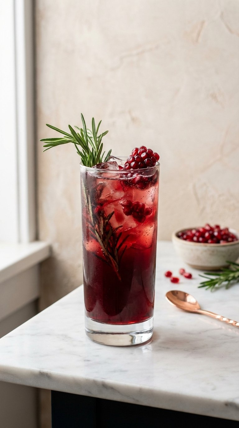 Dark Red Pomegranate Rosemary Hibiscus Highball Cocktail In Slender Glass With Ice, Rosemary Sprigs, And Pomegranate Seeds