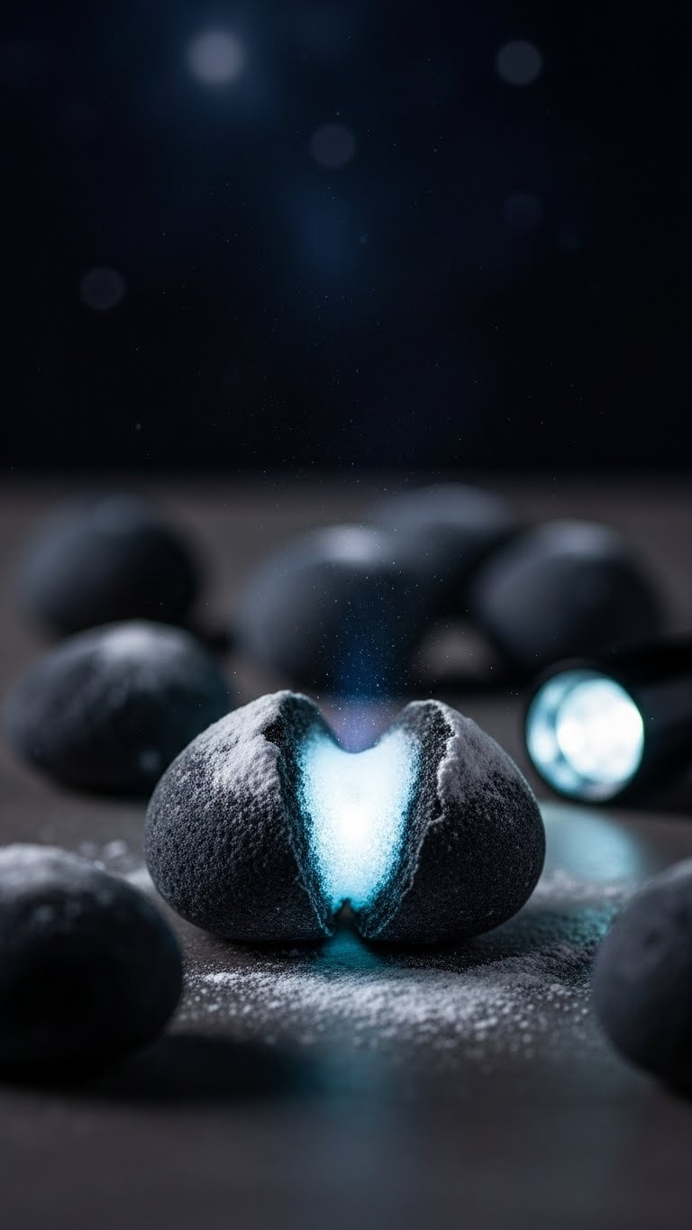 Dark Treasure Rocks Cracked Open Revealing Glowing Phosphorescent Surprise In Starry Night Setting