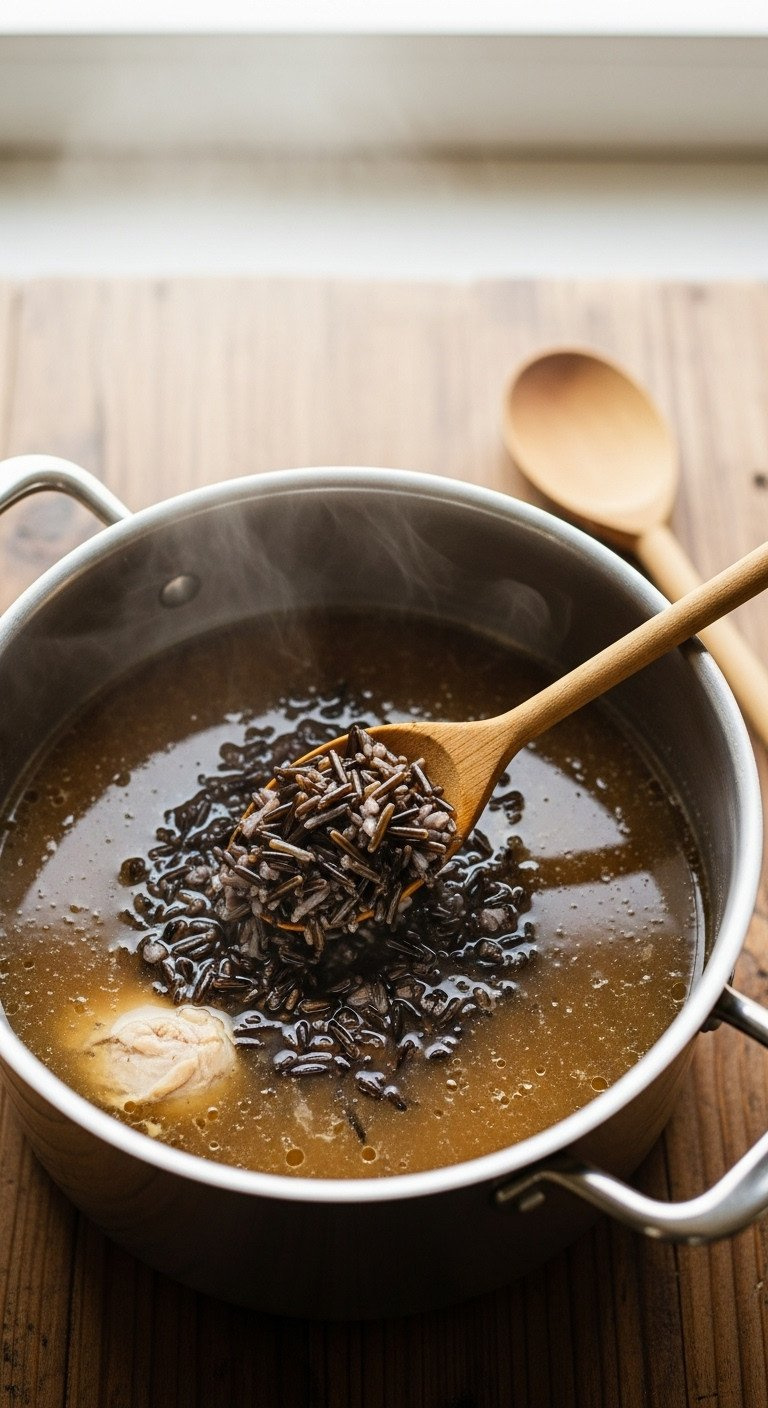 Dark Wild Rice Kernels Simmering Gently In Salted Chicken Stock In A Stainless Steel Pot On A Rustic Wooden Table With Spoon.