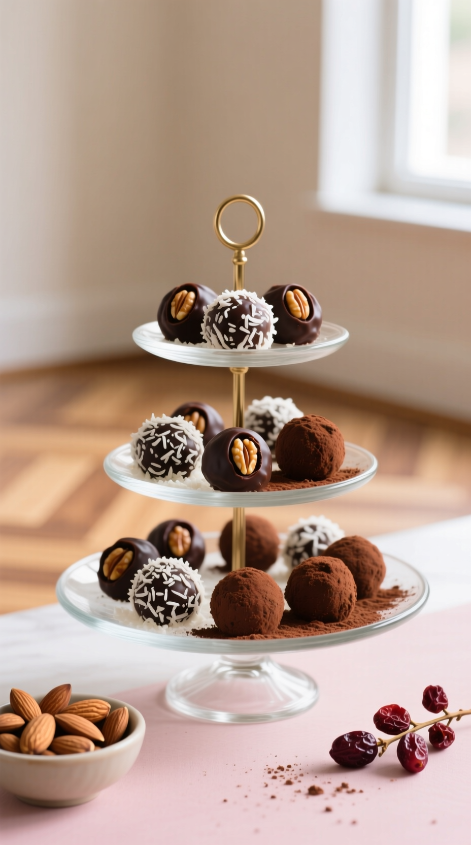 Date &Amp; Nut Energy Balls With Coconut &Amp; Cocoa Coatings, On Tiered Glass Stand, Healthy Snack With Almonds &Amp; Cranberries.