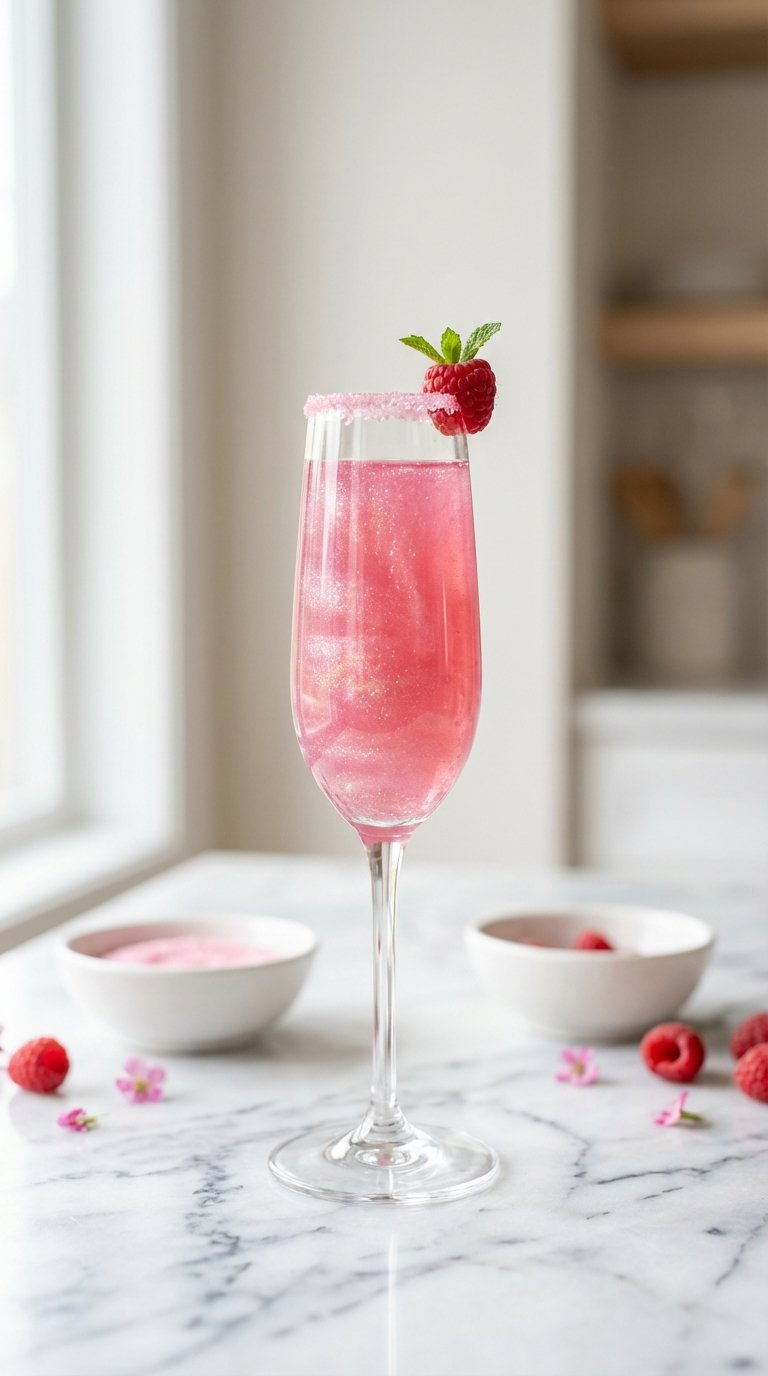 Dazzling Glittery Pink Sparkler Drink With Edible Glitter Swirls And Sugar-Rimmed Flute Glass On Marble Countertop