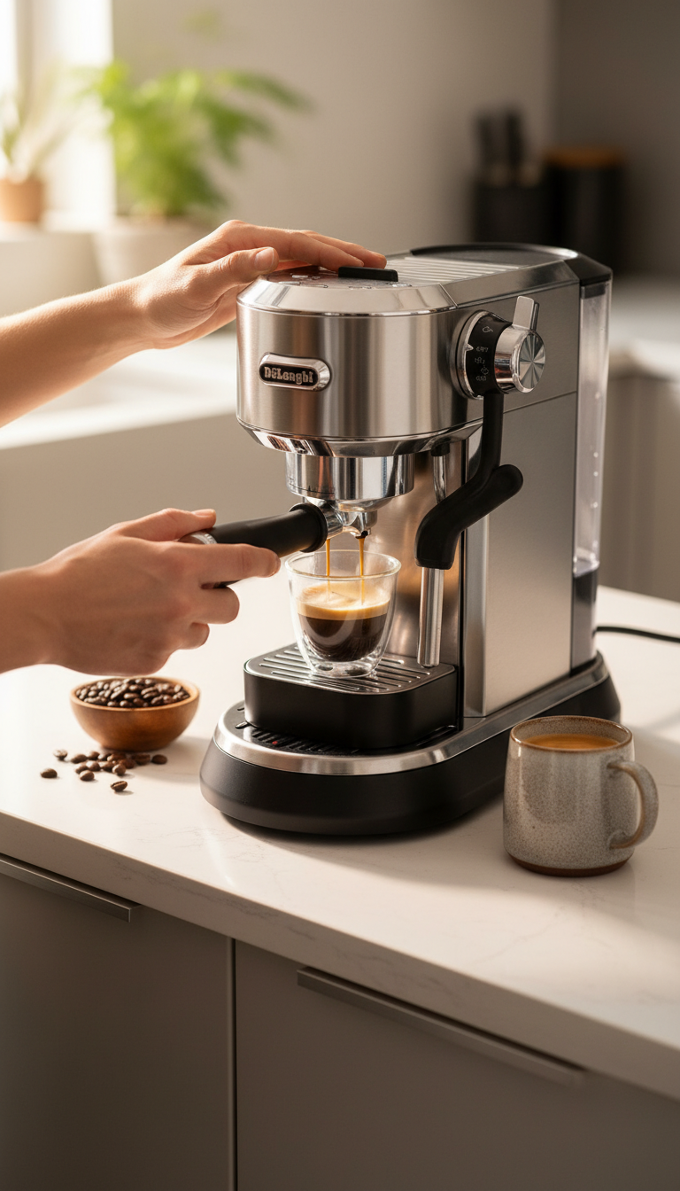 A De'longhi Dedica Maestro Plus On A Kitchen Counter With A Scale, Portafilter, And A Fresh Shot Of Espresso.