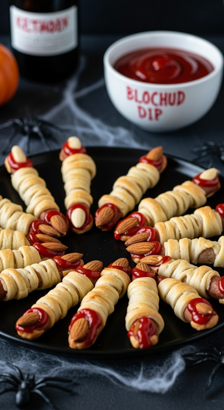 Dead Man's Fingers Mummy Smokies On A Platter With Almond Fingernails Ketchup Blood And Faux Spiders For A Spooky Halloween Party