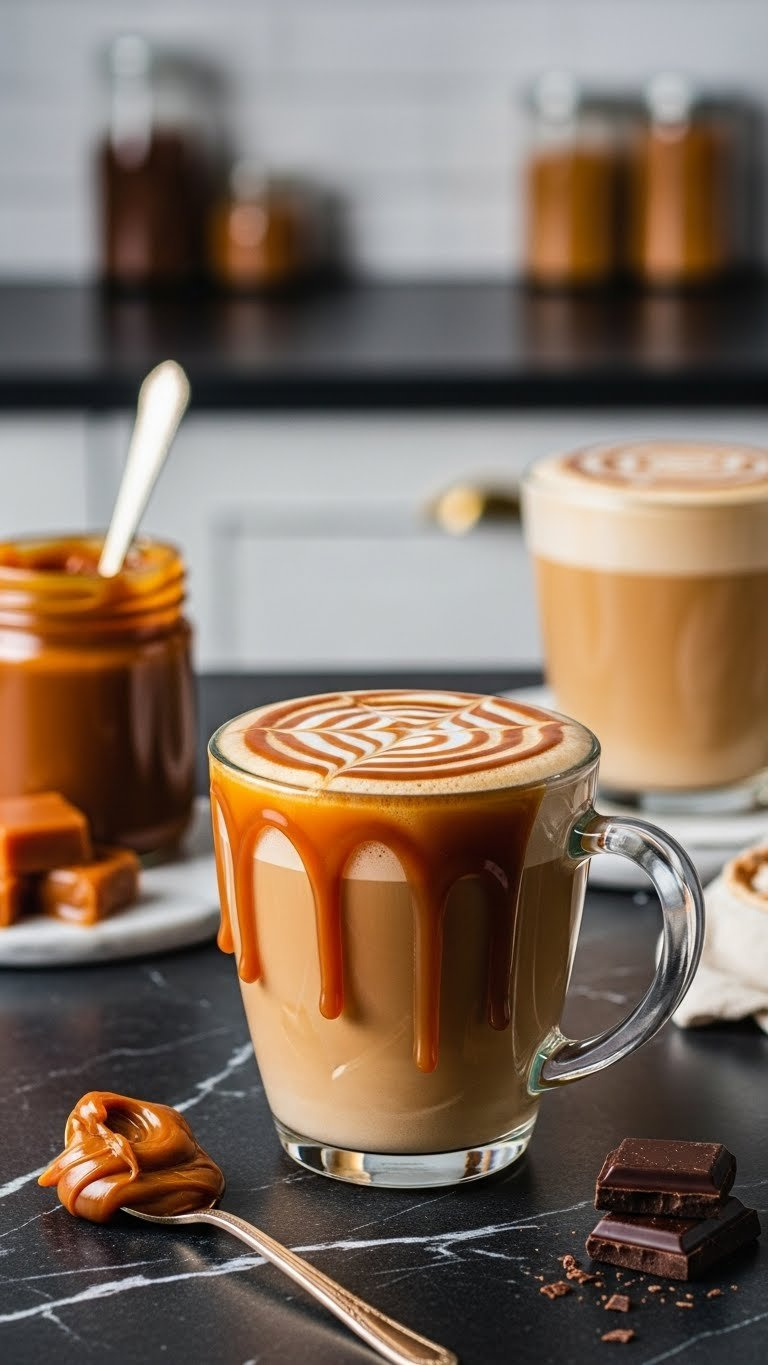 Decadent Dulce De Leche Latte With Caramel Swirls In Glass Mug On Dark Marble Surface In Elegant Studio Lighting