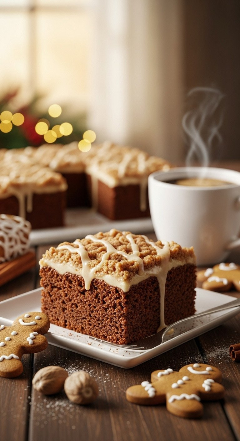 Decadent Gingerbread Coffee Cake Slice With Streusel, Vanilla Glaze, And Spiced Crumb, On Plate With Coffee For Holidays.