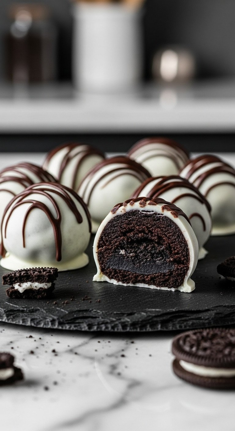 Decadent Oreo Truffle Balls Coated In White Chocolate With Drizzle, One Cut To Show Cookie Center, On Slate Plate.
