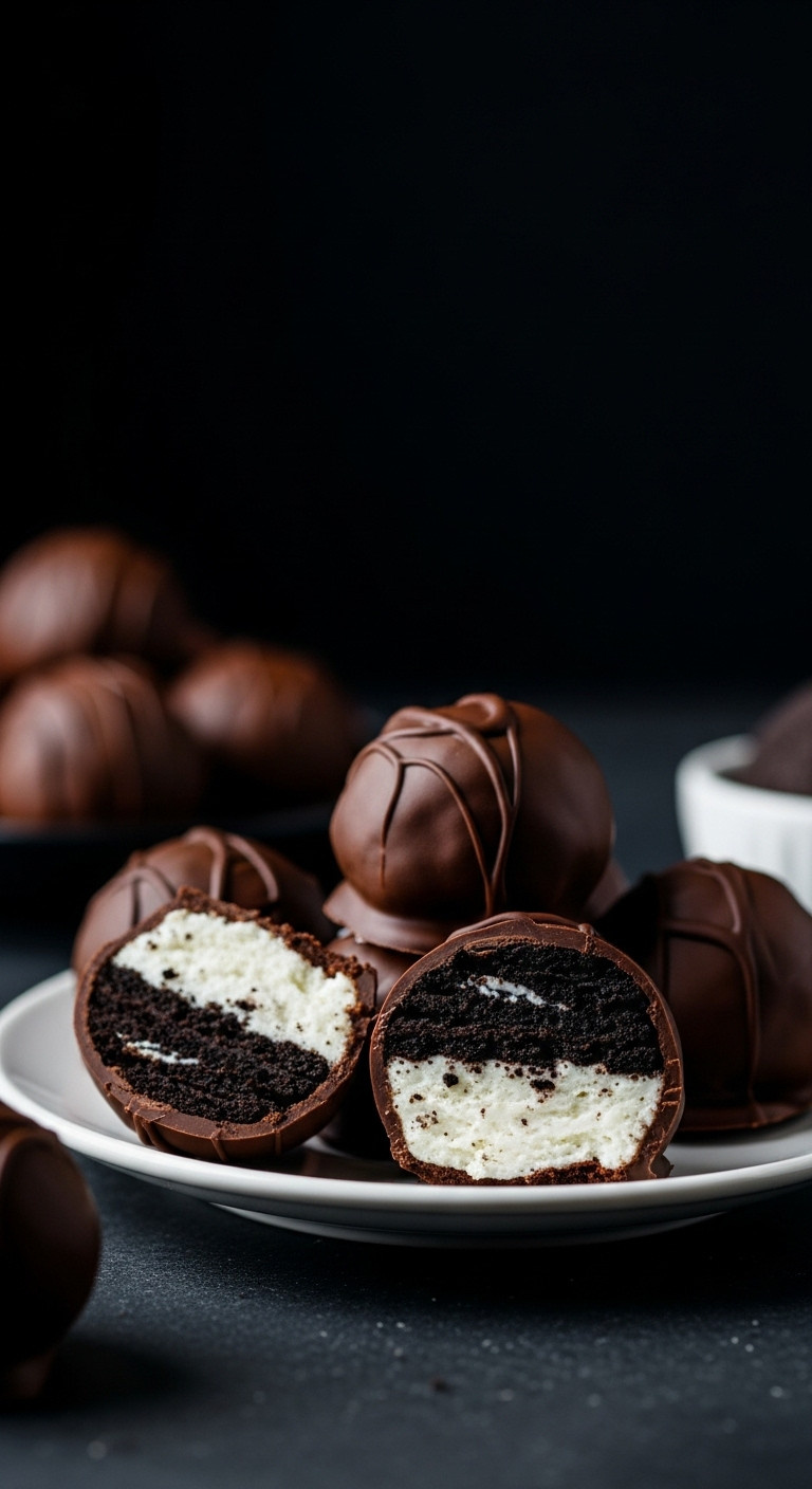 Decadent Oreo Truffles On An Elegant Plate, Cut To Show Rich Oreo And Cream Cheese Center, Coated In Chocolate, Dramatic Light.