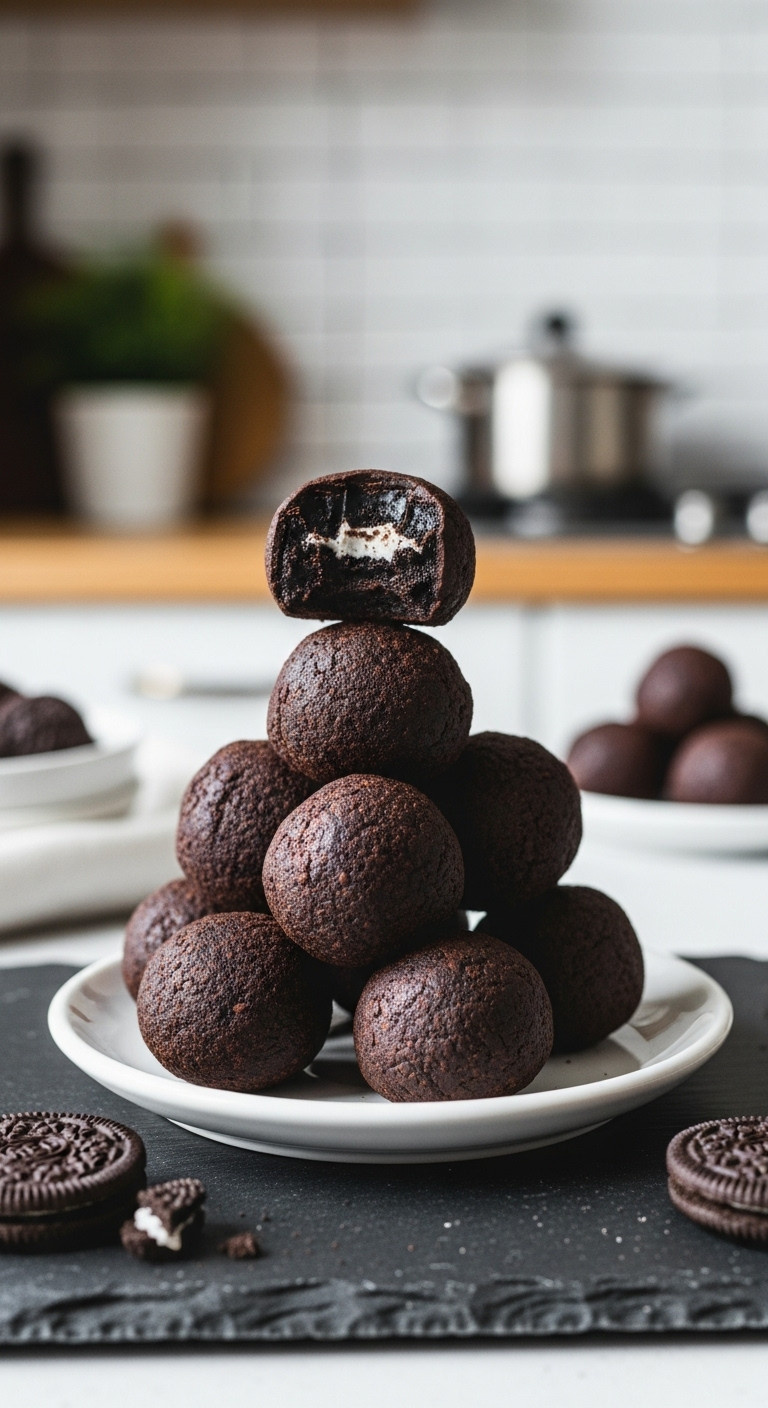 Decadent Oreo Truffles Pyramid, One Bitten To Show Creamy Center, Chocolate Shell, Elegant Plate With Crumbs.