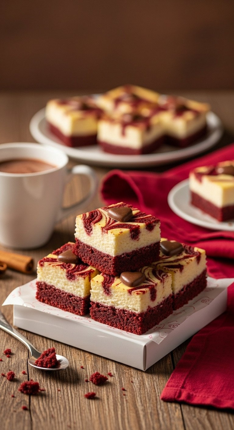 Decadent Red Velvet Cheesecake Brownies With White Swirl, Cocoa Dust In A White Gift Box On A Rustic Wooden Table.