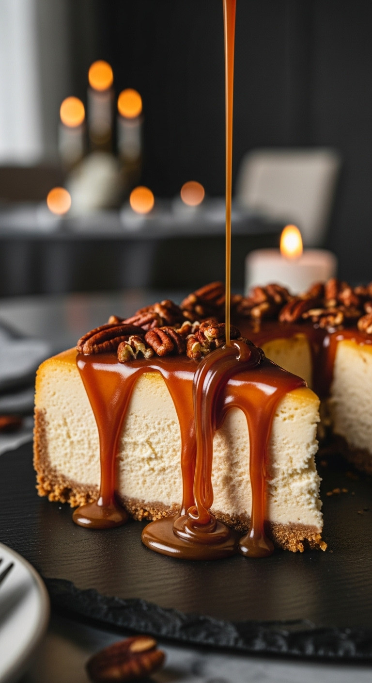 Decadent Salted Caramel Pecan Cheesecake Slice With Thick Caramel Drizzle, Toasted Pecans. Elegant Dining, Ambient Candlelight.
