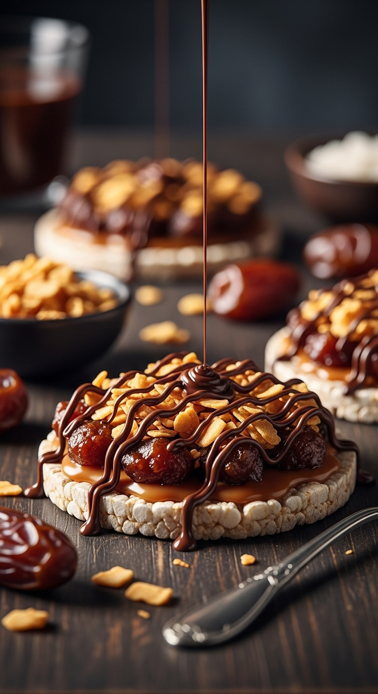 Decadent Samoa Cookie Rice Cake With Dates Toasted Coconut And Dark Chocolate Drizzle On A Dark Wooden Surface With Coconut And Dates