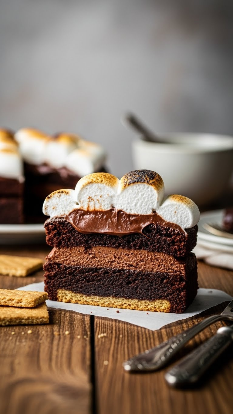 Decadent S'mores Brownies Showing Chocolate, Ganache, Toasted Marshmallow Peaks, Graham Cracker Base On Rustic Wood.