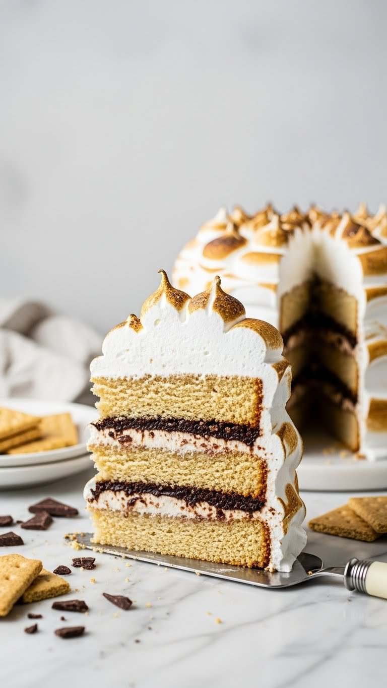 Decadent S'mores Layered Cake With Graham Cracker, Chocolate Ganache, And Towering Marshmallow Meringue Frosting.