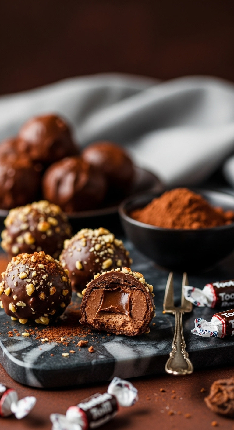 Decadent Tootsie Roll Chocolate Truffles Dusted With Cocoa, Showing Chewy Centers On An Elegant Marble Tray.