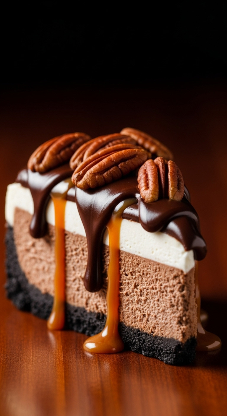 Decadent Turtle Cheesecake Slice With Chocolate Filling, Oreo Crust, Caramel, Chocolate Ganache, Toasted Pecans. Dark Wood Surface.