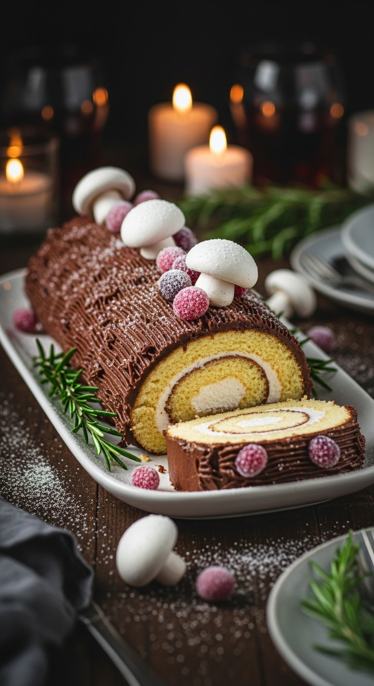 Decadent Yule Log Cake With Chocolate Buttercream Meringue Mushrooms And Sugared Cranberries On A White Platter