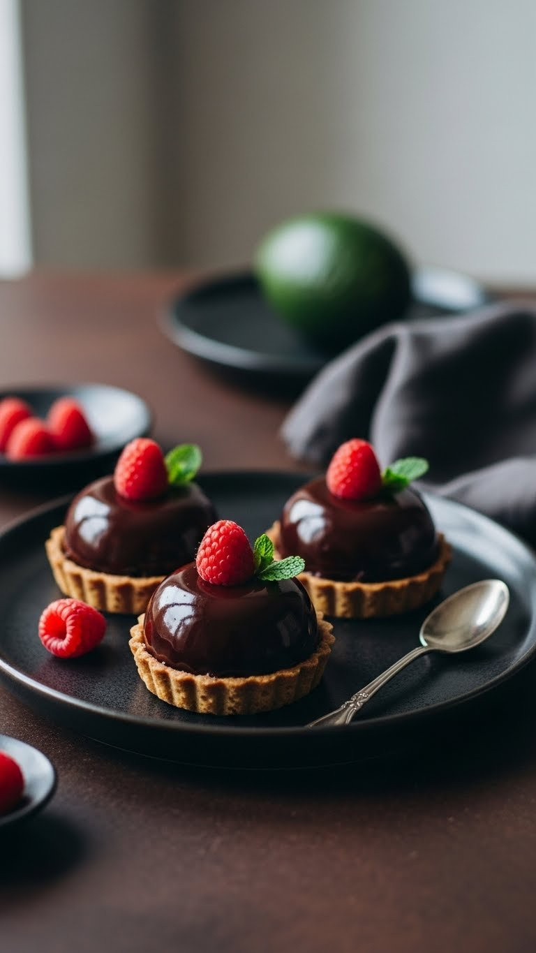 Decadent Avocado Chocolate Mousse Tartlets With Glossy Dark Chocolate Surface And Raspberry Garnish On Ceramic Platter