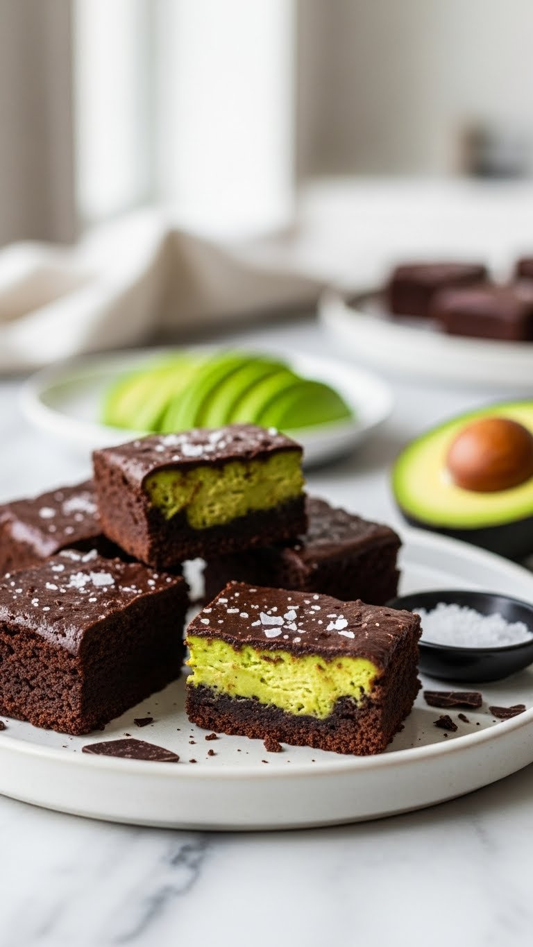 Decadent Avocado Dark Chocolate Brownies With Glossy Top And Sea Salt Flakes On Marble Countertop
