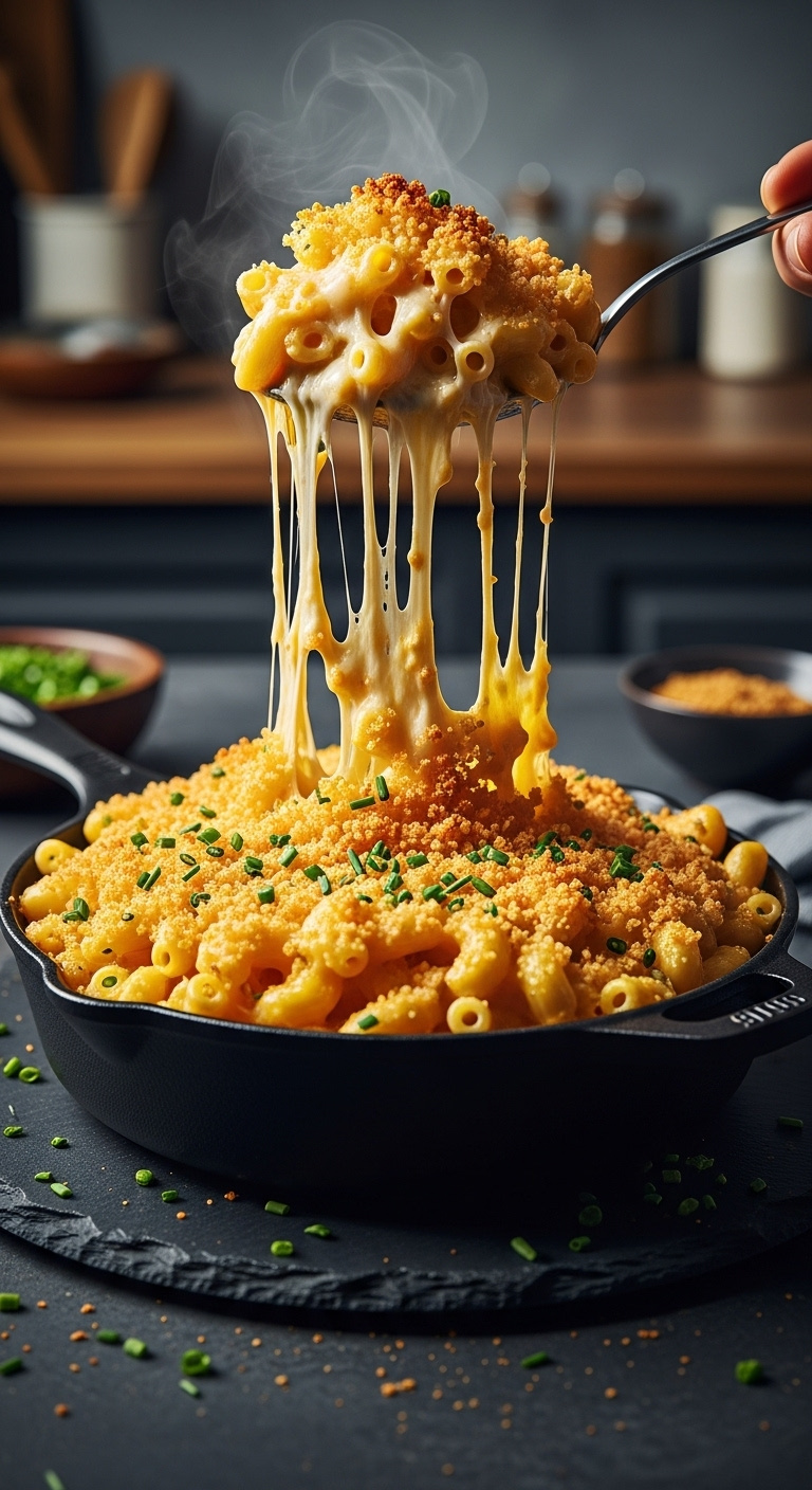 Decadent Baked Macaroni And Cheese In A Black Cast Iron Skillet With A Gooey Scoop Lifted Creating Long Dramatic Cheese Pulls