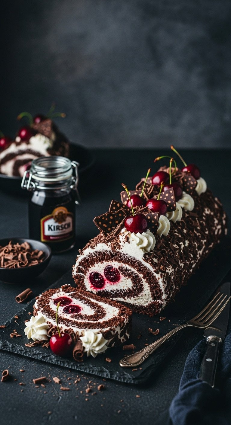 Decadent Black Forest Roulade: Chocolate Sponge, Whipped Cream, Cherry Filling, Chocolate Shavings, Fresh Cherries. Rich Recipe.