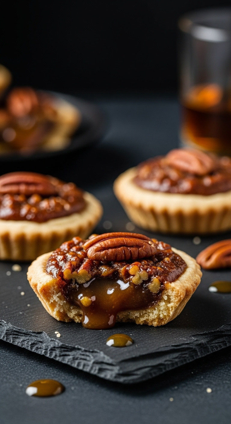 Decadent Brown Butter Bourbon Pecan Pie Cookie, Gooey Caramel, Toasted Pecans On Dark Slate. Elegant Light, Gourmet Fall Dessert.