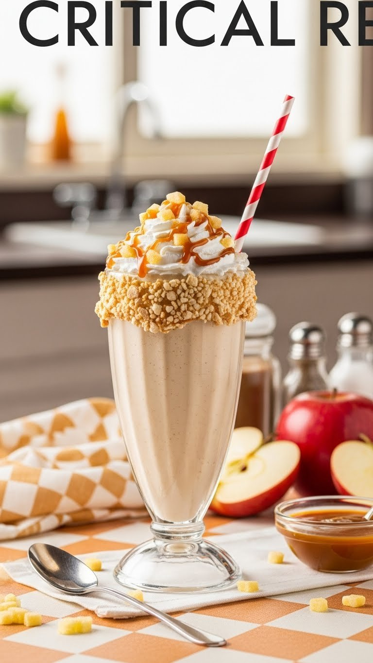 Decadent Caramel Apple Delight Milkshake With Whipped Cream And Caramel Drizzle In Vintage Glass On Checkered Table