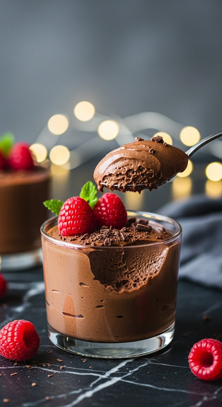 Decadent Chocolate Avocado Mousse, Spoon Scooping, With Fresh Raspberries And Chocolate Shavings In A Glass Dessert Cup.