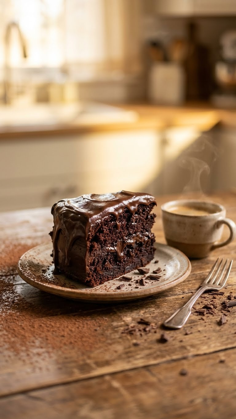 Decadent Chocolate Fudge Cake Slice With Thick, Glossy Ganache, Revealing A Moist Crumb, On A Rustic Wooden Table With Coffee.