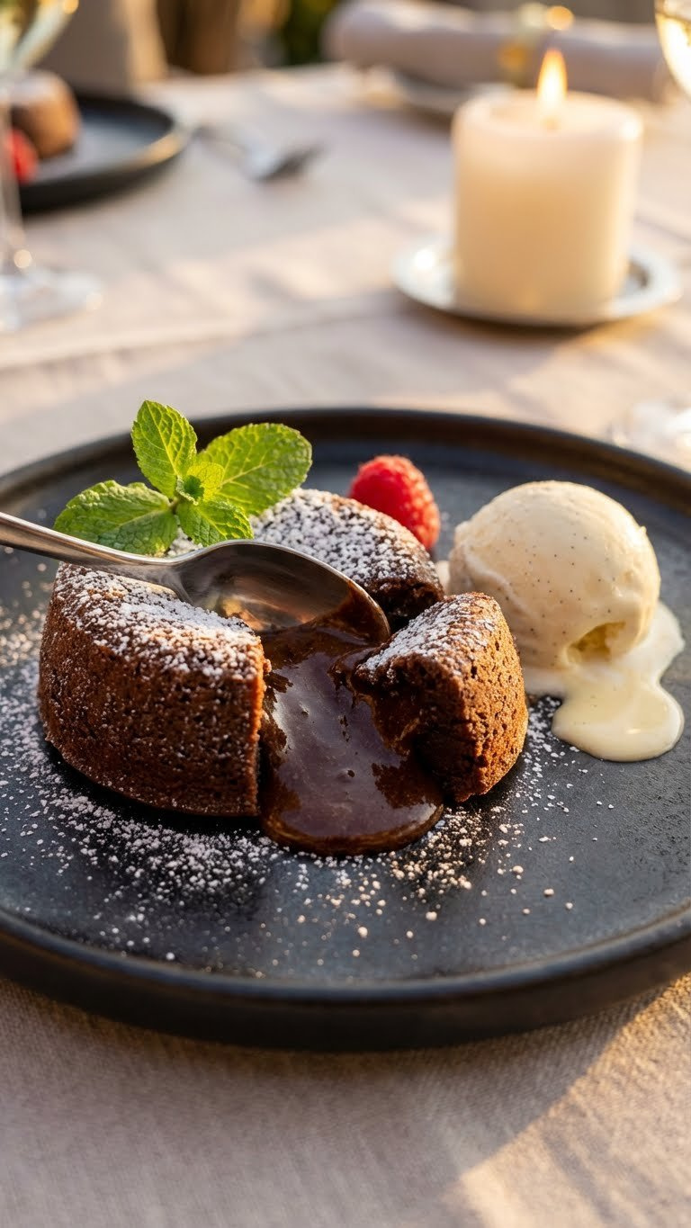 Decadent Chocolate Lava Cake Oozing Molten Chocolate With Powdered Sugar, A Spoon, Fresh Mint, And Ice Cream On A Dark Plate.
