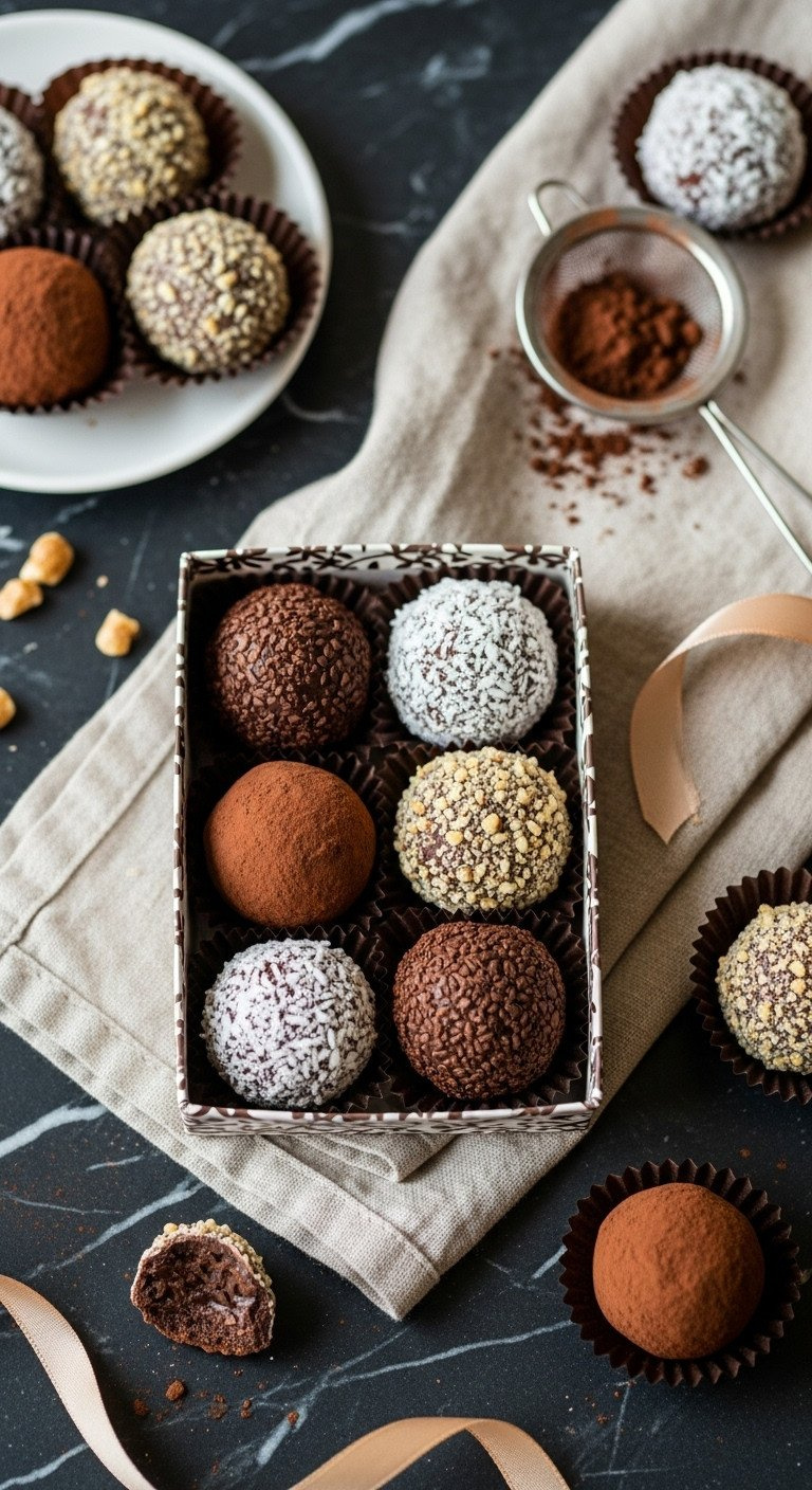 Decadent Chocolate Truffle Assortment With Cocoa, Nuts, Coconut In A Gold-Lined Box, Marble Counter, Dramatic Light.
