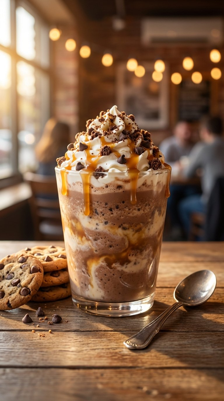 Decadent Cookie Dough Frappuccino Topped With Whipped Cream, Caramel Drizzle And Chocolate Cookie Crumbles