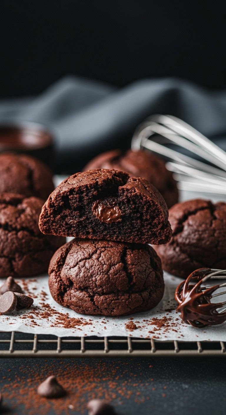 Decadent Dark Chocolate Brownie Batter Cookies With Melted Chunks On A Cooling Rack, Dusted With Cocoa Powder For A Rich Dessert.