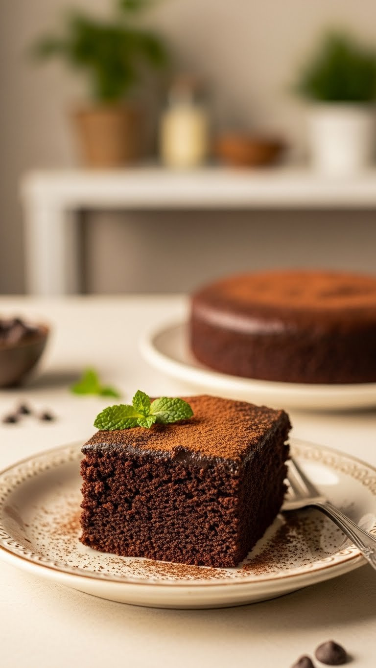 Decadent Dark Chocolate Cake Or Fudgy Brownies With Cocoa Powder Drizzle On Vintage Ceramic Plate