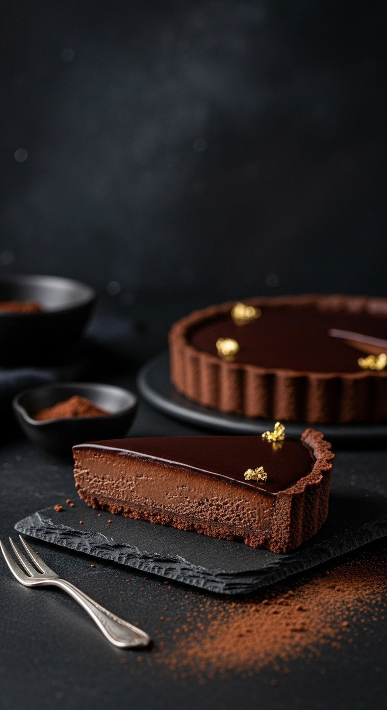 Decadent Dark Chocolate Tart With Glossy Filling &Amp; Edible Gold Leaf On Black Stone. Elegant Dessert With Silver Fork.
