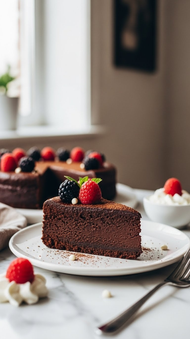Decadent Flourless Chocolate Cake Slice On Marble Countertop With Fresh Raspberry And Delicate Dessert Fork
