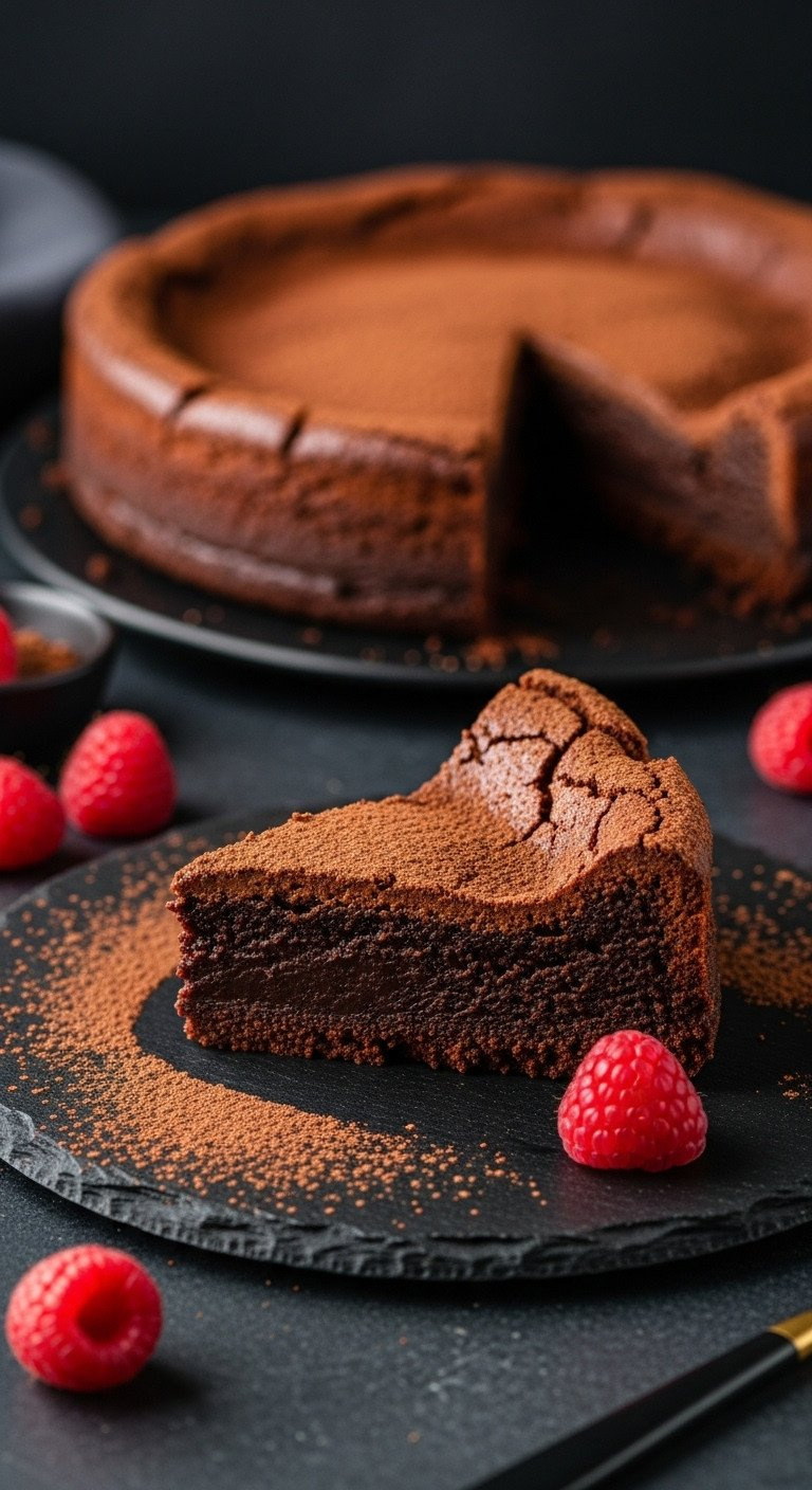 Decadent Flourless Chocolate Torte Slice On Slate. Fudgy Interior, Cocoa-Dusted Top, Fresh Raspberries. Gluten-Free Dessert.