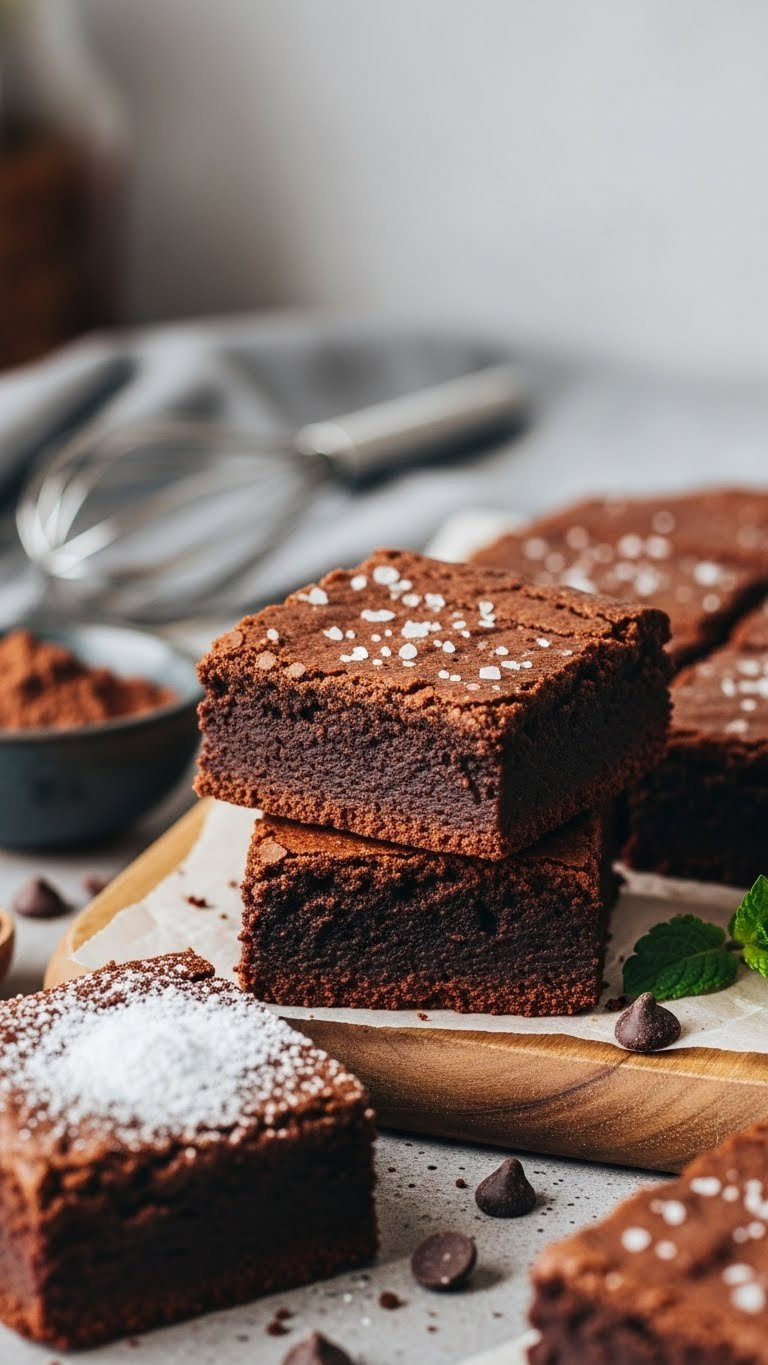 Decadent Fudgy Brownies Sweetened With Dates, Sprinkled With Sea Salt And Chocolate Chips On A Rustic Cutting Board.
