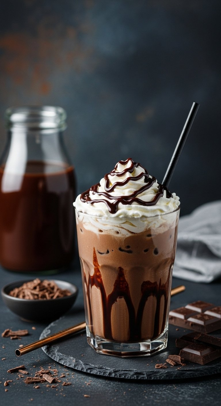 Decadent Homemade Iced Mocha With Whipped Cream And Chocolate Drizzle On A Dark Stone Surface.