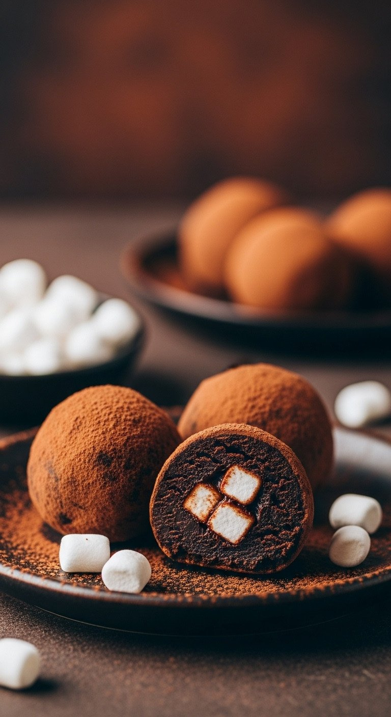 Decadent Hot Chocolate Truffles Rolled In Cocoa Powder, One Cut In Half To Reveal A Hidden Mini Marshmallow Center.
