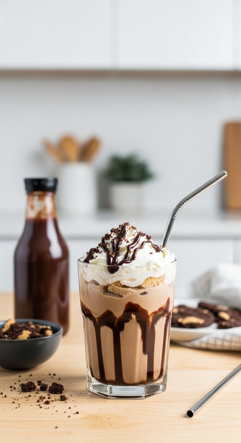 Decadent Iced Mocha Cookie Crumble With Cookie Chunks And Chocolate Drizzle In A Clear Glass.