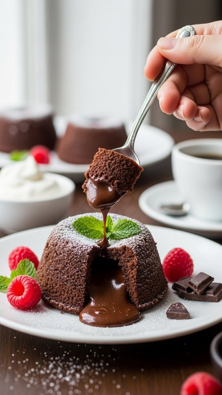 Decadent Keto Chocolate Lava Cake With Molten Core, Powdered Erythritol, And Raspberry On A White Dessert Plate.