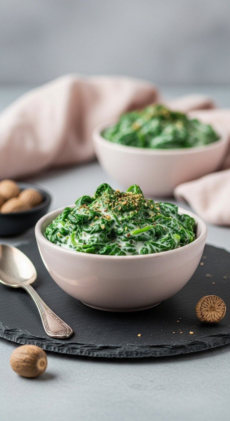 Decadent Keto Creamed Spinach With Vibrant Green Leaves, Creamy Sauce, And Fresh Nutmeg In An Elegant Bowl On Slate.