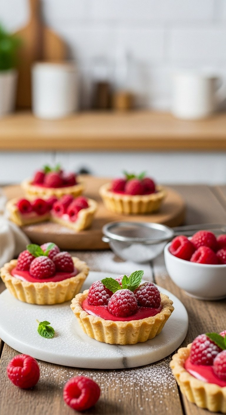 Decadent Mini Raspberry Tarts With Flaky Golden Crust, Vibrant Custard, Fresh Raspberries, And Powdered Sugar On A Wooden Table.